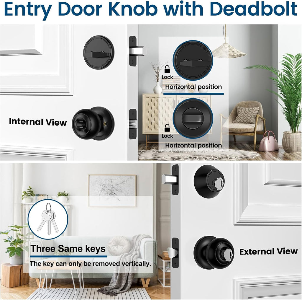6 Pack Keyed Alike Exterior Door Knob with Lock, Single Cylinder Deadbolt Lock and Entry Door Knob Set