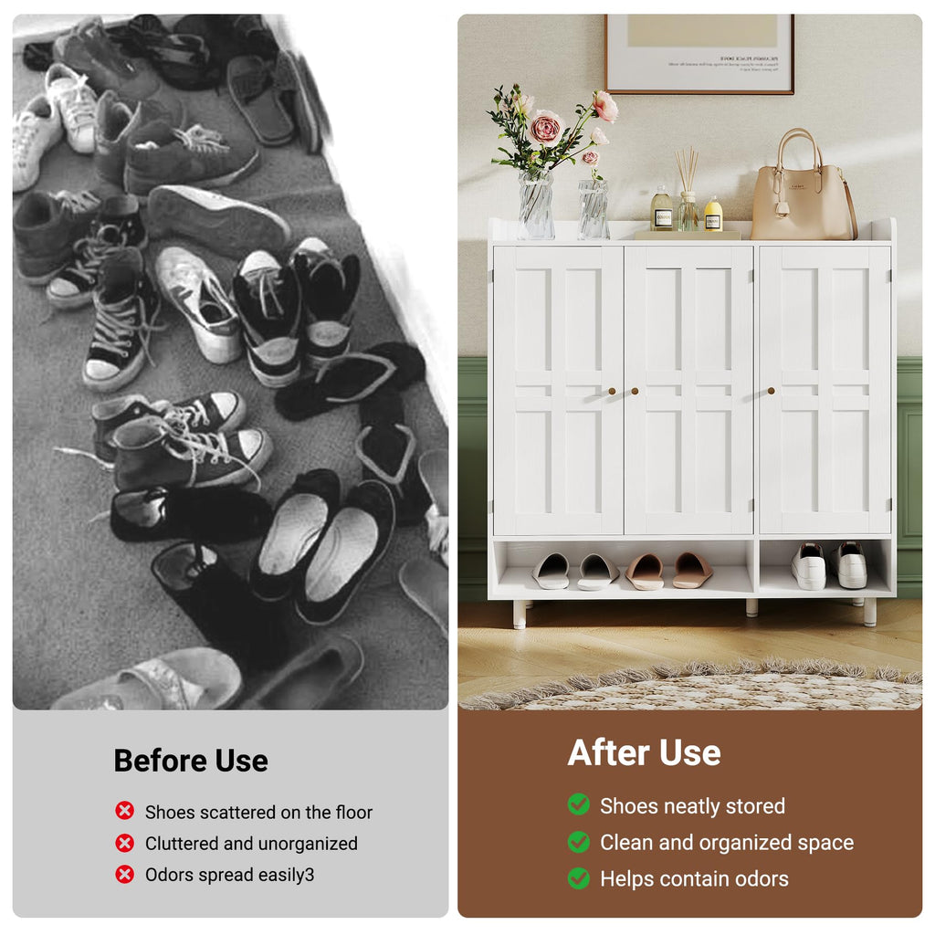 Shoe Cabinet with 3 Doors and Adjustable Shelves, Large Shoe Storage Cabinet for 24-30 Pairs, Modern Farmhouse Shoe