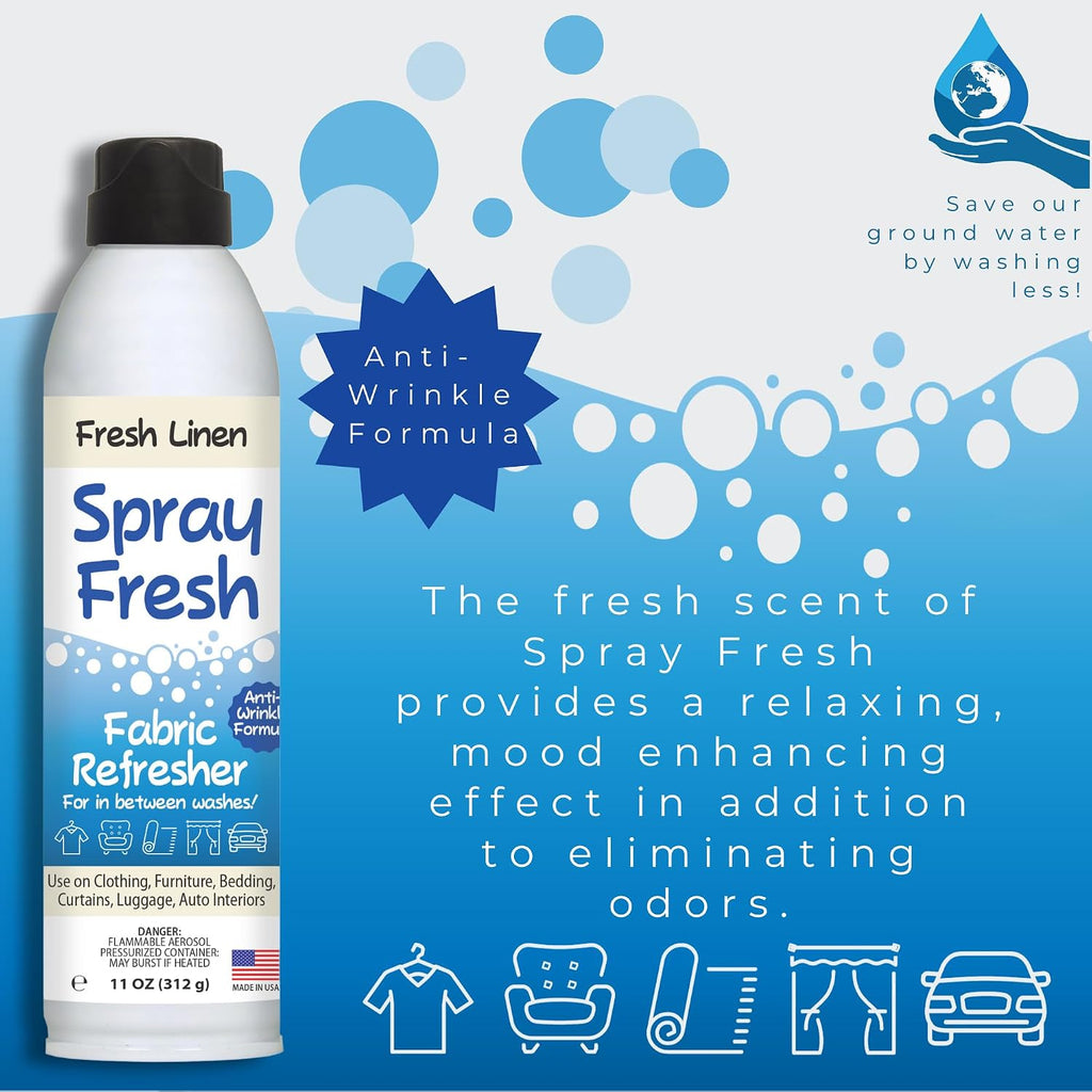 Spray Fresh Fabric Refresher, Linen, 8 oz - Deodorizer and Freshener for Clothing, Bedding, and Furniture - Set of 11