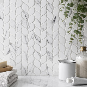 Recycled Glass Backsplash Tile, White Marble Leaf-Shaped, 5 Sheets | Mesh Mounted, 3D Faux Stone, Glass Mosiac