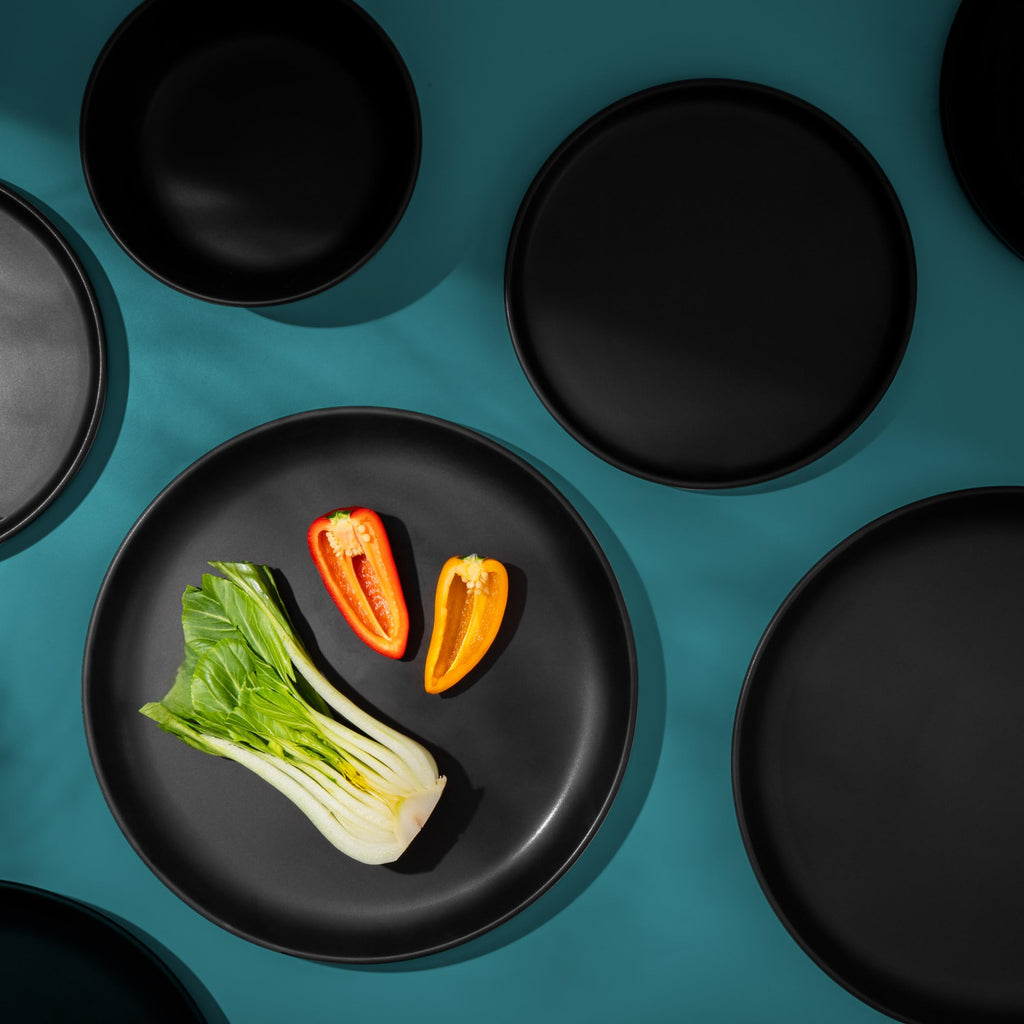 Matte Black Dinnerware Set, Stoneware Plates and Bowls, Set for 4