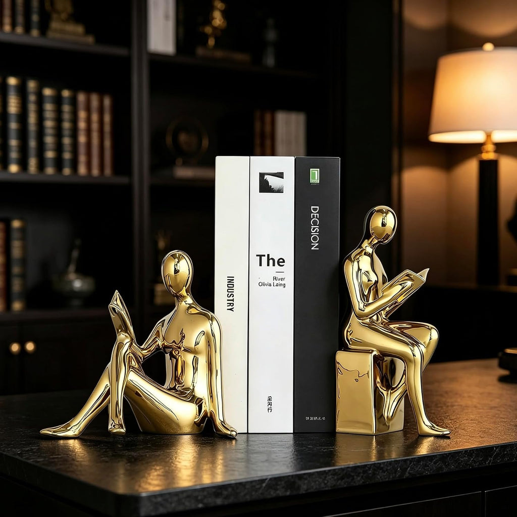 Home Decorative Reading Book Statue Bookends Elegant Ceramic Bookshelf Room Office Desk Decor,Paper Weights, Book