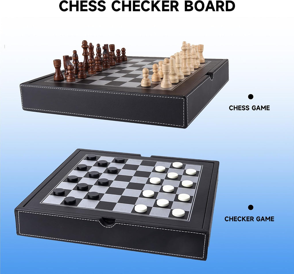 GSE 12.5" Leather 3-in-1 Chess Checkers Backgammon Set for Kids & Adults - Set of 32