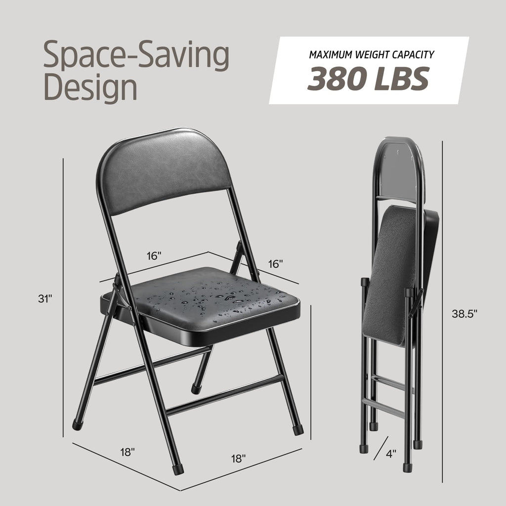4 Pack Black Padded Folding Chairs with Cushioned Seat & Backrest - Comfortable PU Leather, Heavy-Duty Steel Frame