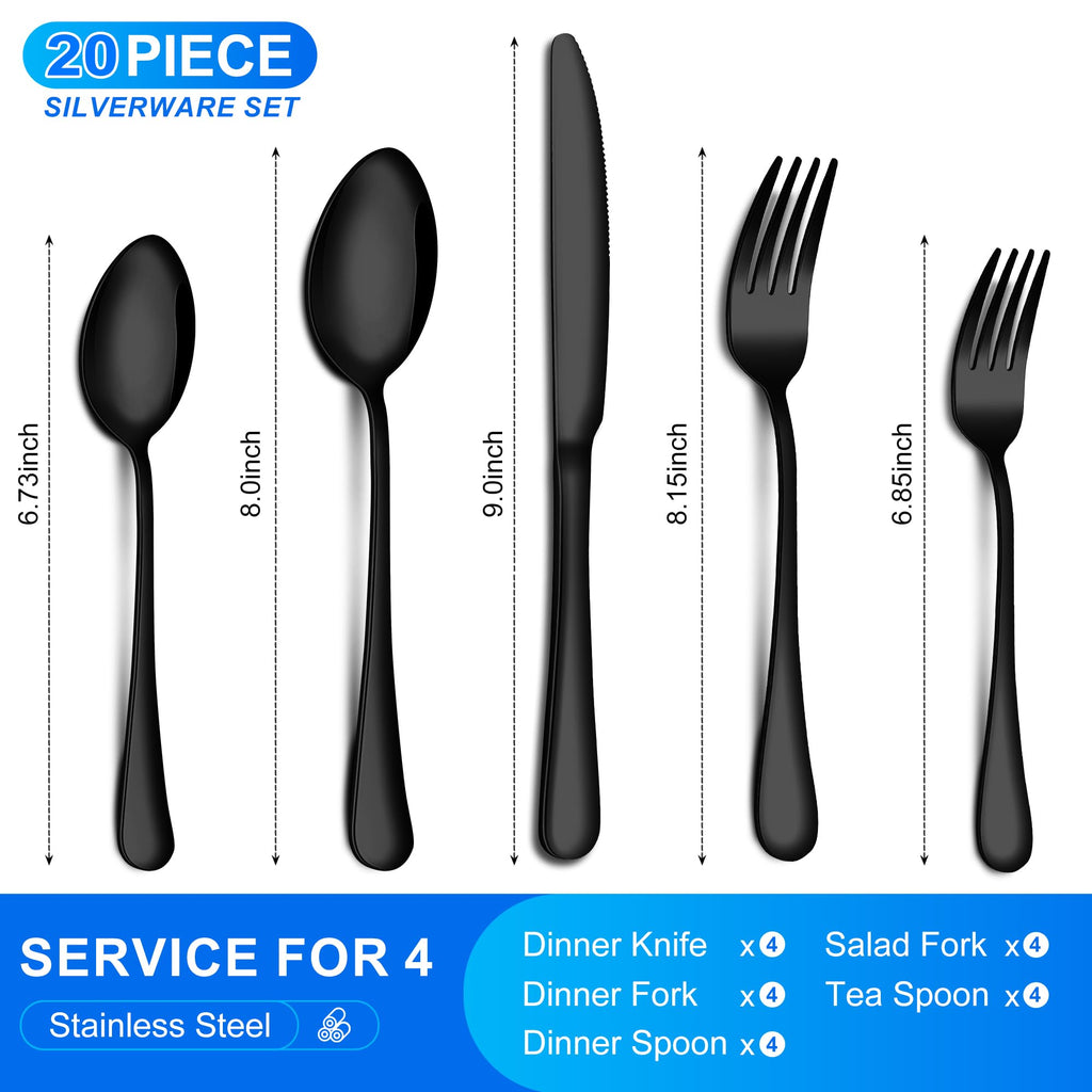 Black Silverware Set for 4, Stainless Steel Flatware Set with Spoons Forks and Knives, Dishwasher Safe