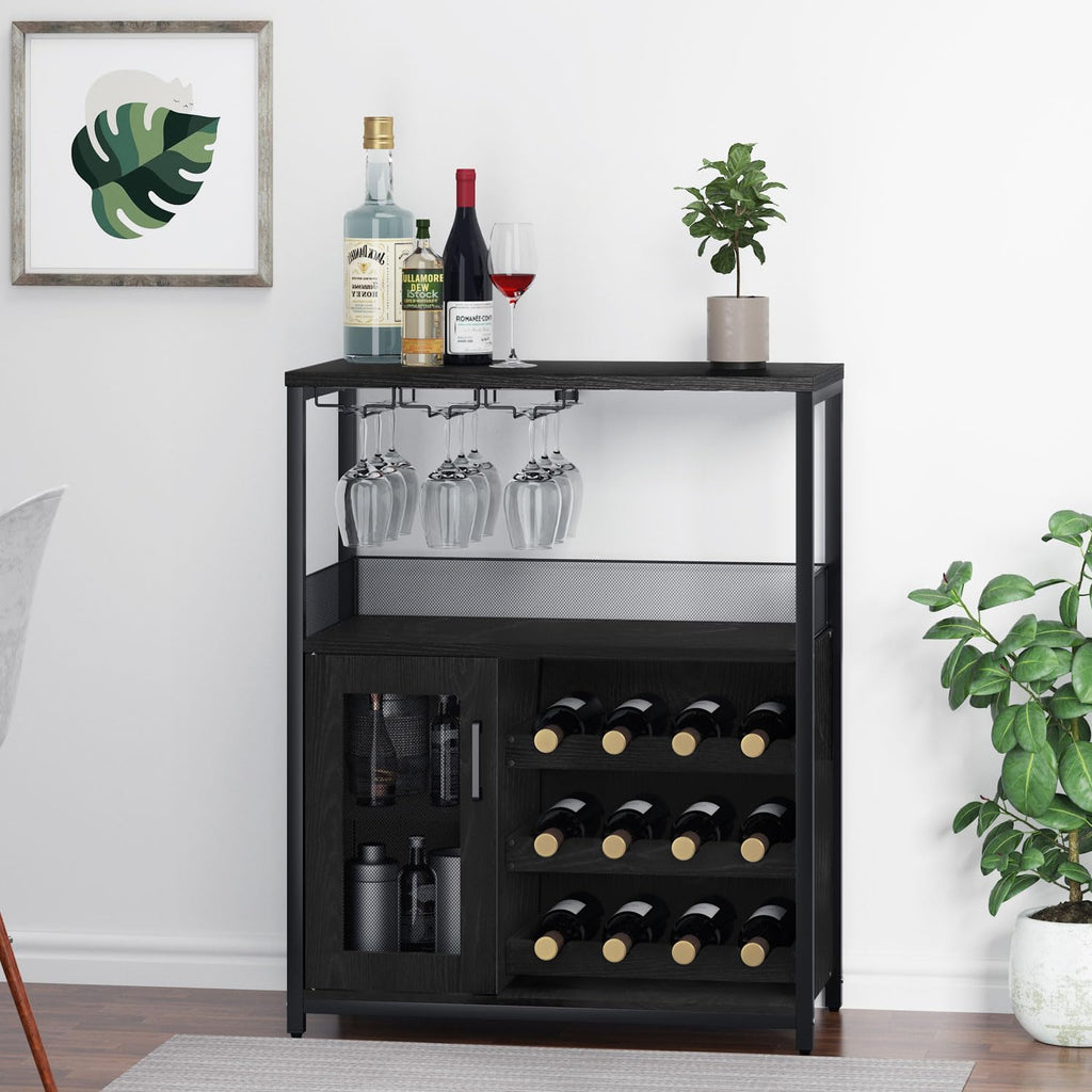 Coffee Wine Bar Cabinet with Storage and Detachable Rack | Farmhouse Sideboard and Buffet Cabinet with Glass Holder
