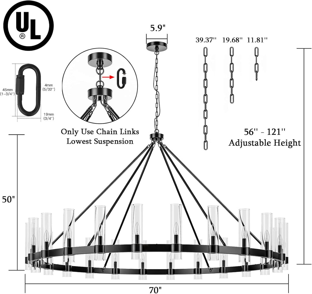 70 Inch Black Wagon Wheel Chandelier with Glass Shade, 24 Lights, Modern Farmhouse Style, Ideal for Dining Room, Kitchen, Entryways A115-B0CHF7PP6Z