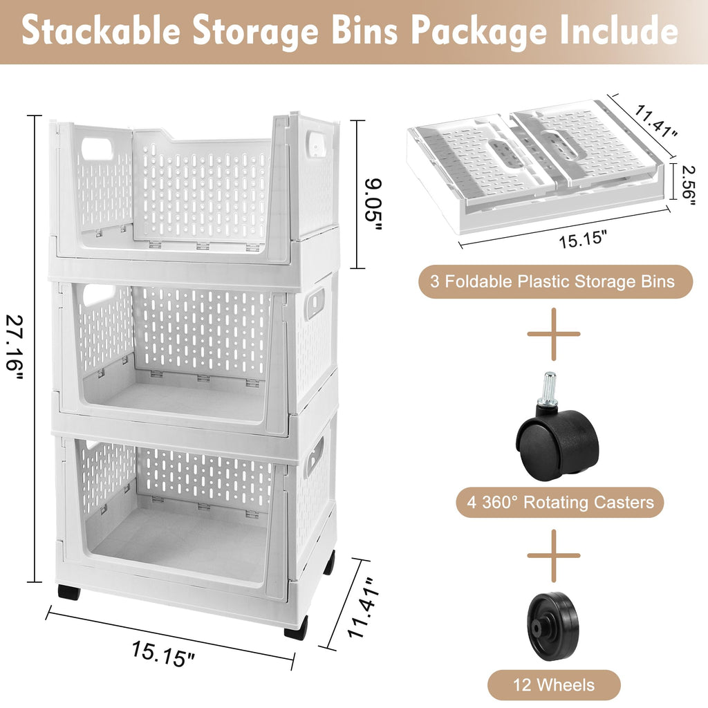 Stackable Plastic Storage Basket, 3 Pack Foldable Closet Organizers and Storage Bins with Wheels, Collapsible Drawer