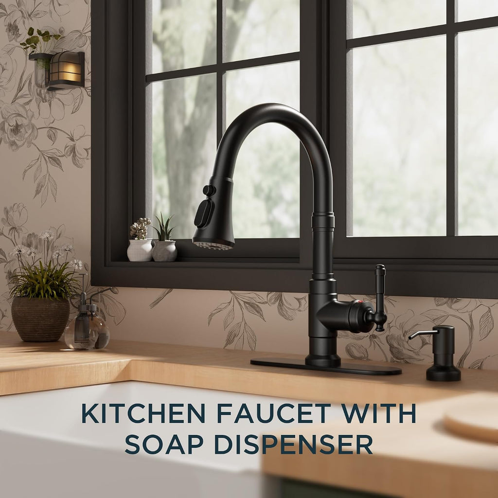 Vintage Kitchen Faucet with Soap Dispenser, Matte Black | High Arc Single Handle, Stainless Steel Sink Faucet with