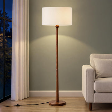65 Inch Single Ball Walnut Wood Floor Lamp with Linen Shade, Cream