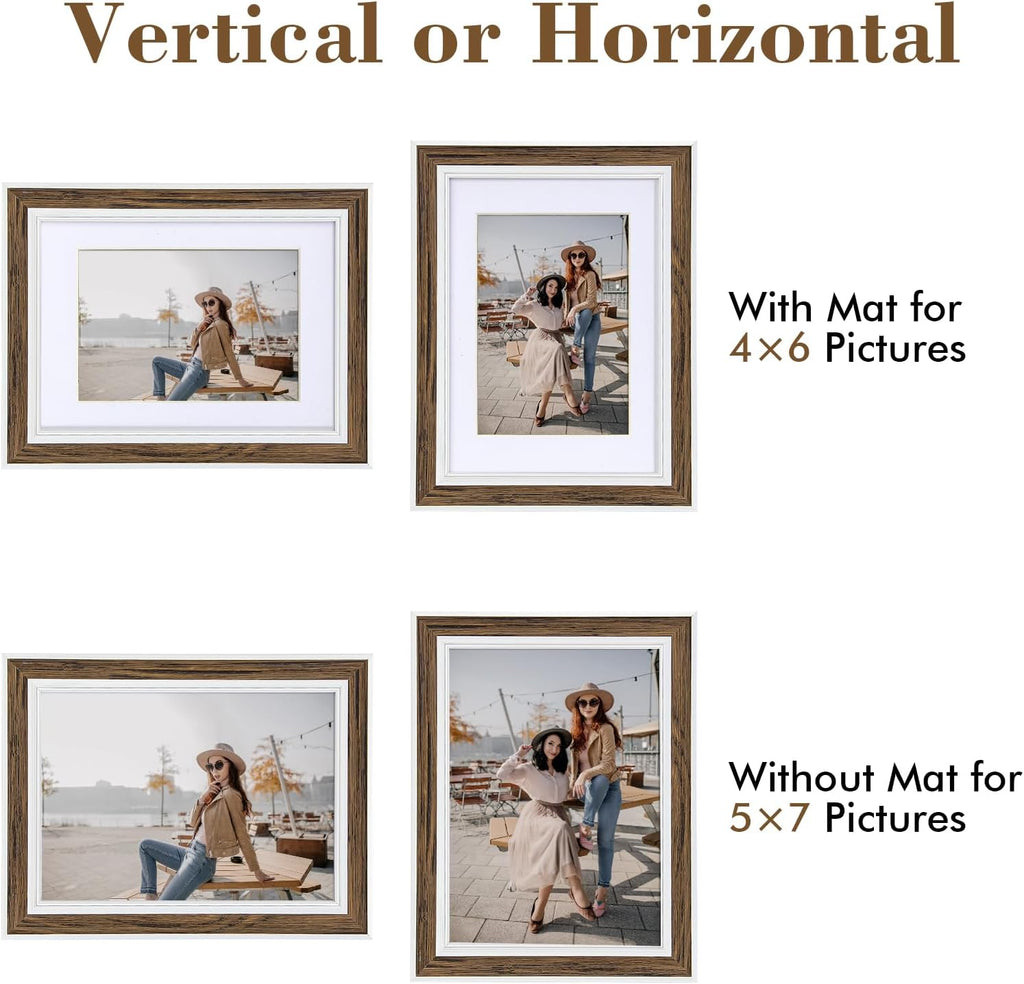 8x10 Picture Frame Set of 6, Rustic Farmhouse Photo Frame, Display 5x7 with Mat or 8x10 Without Mat for Decorative on