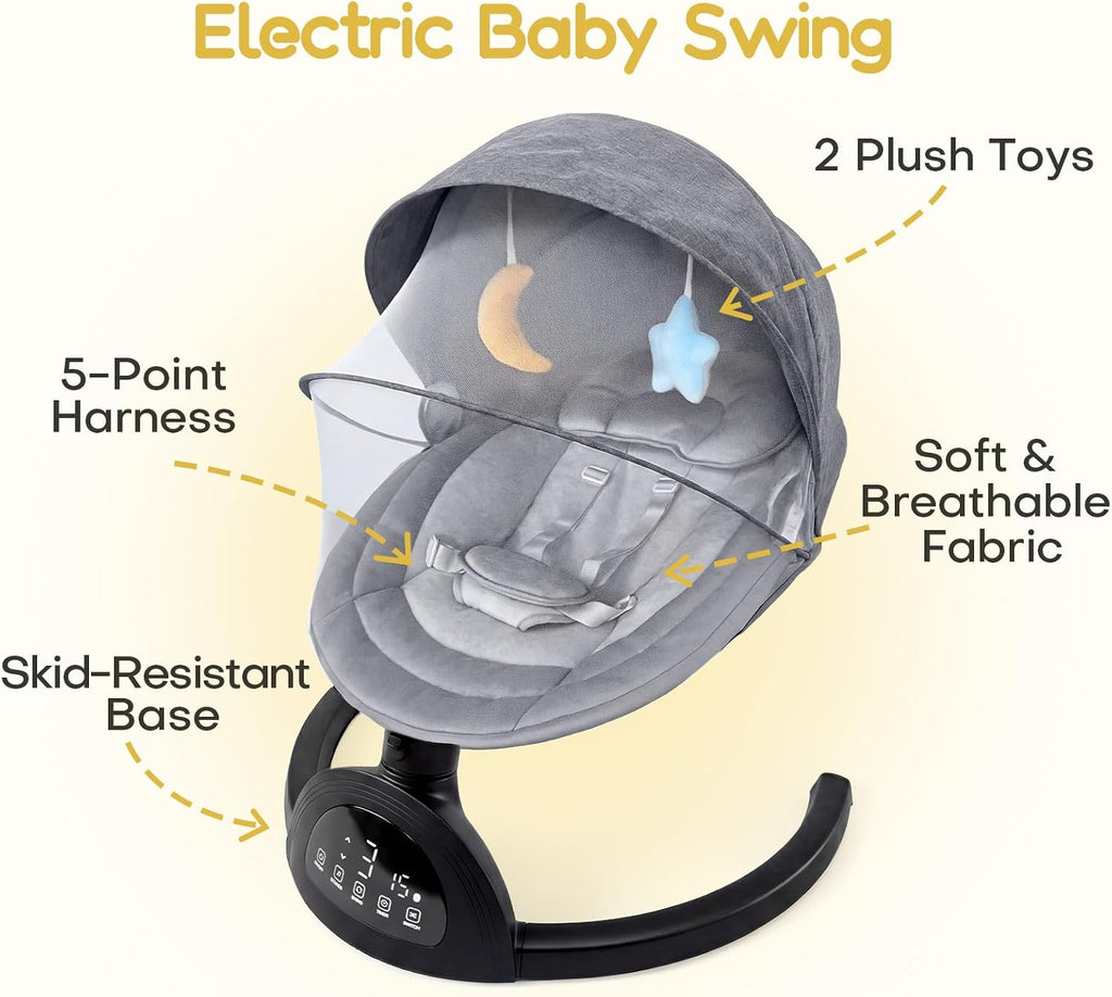 Portable Baby Swing for Infants, Point Harness, Bluetooth Music, 5 Speeds