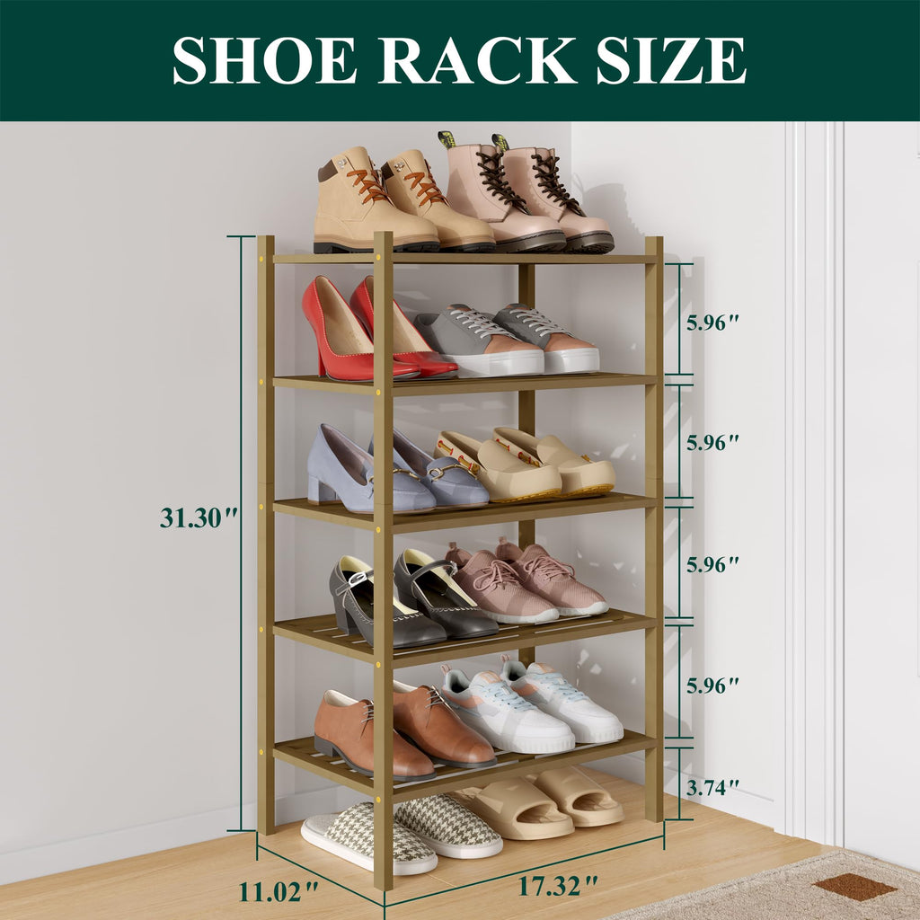 Bamboo Shoe Rack, 5 Horizontal Slats, 5 Tier - 17.3" Wide, Walnut