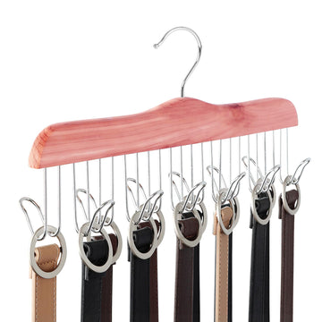 American Red Cedar Wood Belt Hanger, Belt Organizer Rack with 12 Metal Hooks, Closet Organizer for Tank Tops, Ties