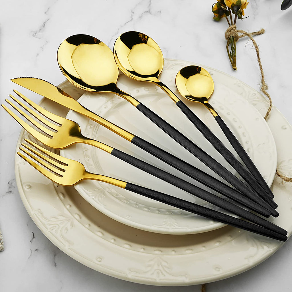 36-Pieces Silverware Mirror Polished Dinnerware Gold Flatware With Black Handle, 18/0 Stainless Steel Cutlery Set