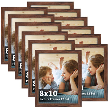 8x10 Rustic Brown Walnut Wood Color Frames Set of 12, Modern Simple Frame, Stylish Wall Mount or Tabletop Display