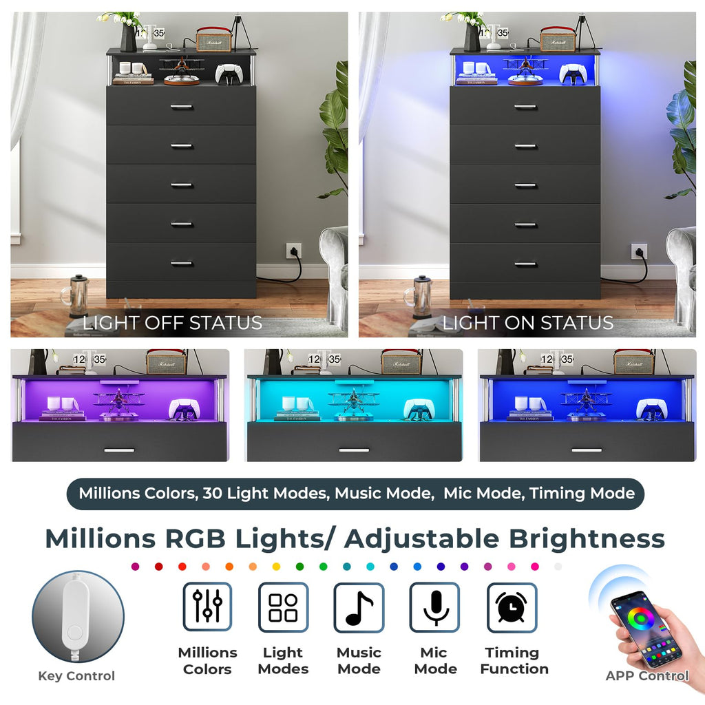 Black Dresser with Column Design & Charging Station, Led 5 Drawers Tall Dresser, Black