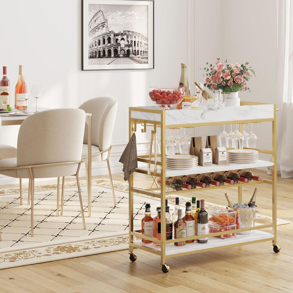 Gold Bar Cart on Wheels with Wine Rack & Glass Holders | 3-Tier, Rolling Serving Cart for liquor, Wine and Beverages
