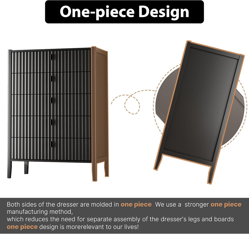 Black 5 Drawer Dresser, Modern Tall Dresser , Fluted Wood Chest of Drawers with Deep Drawers for Clothes, Storage