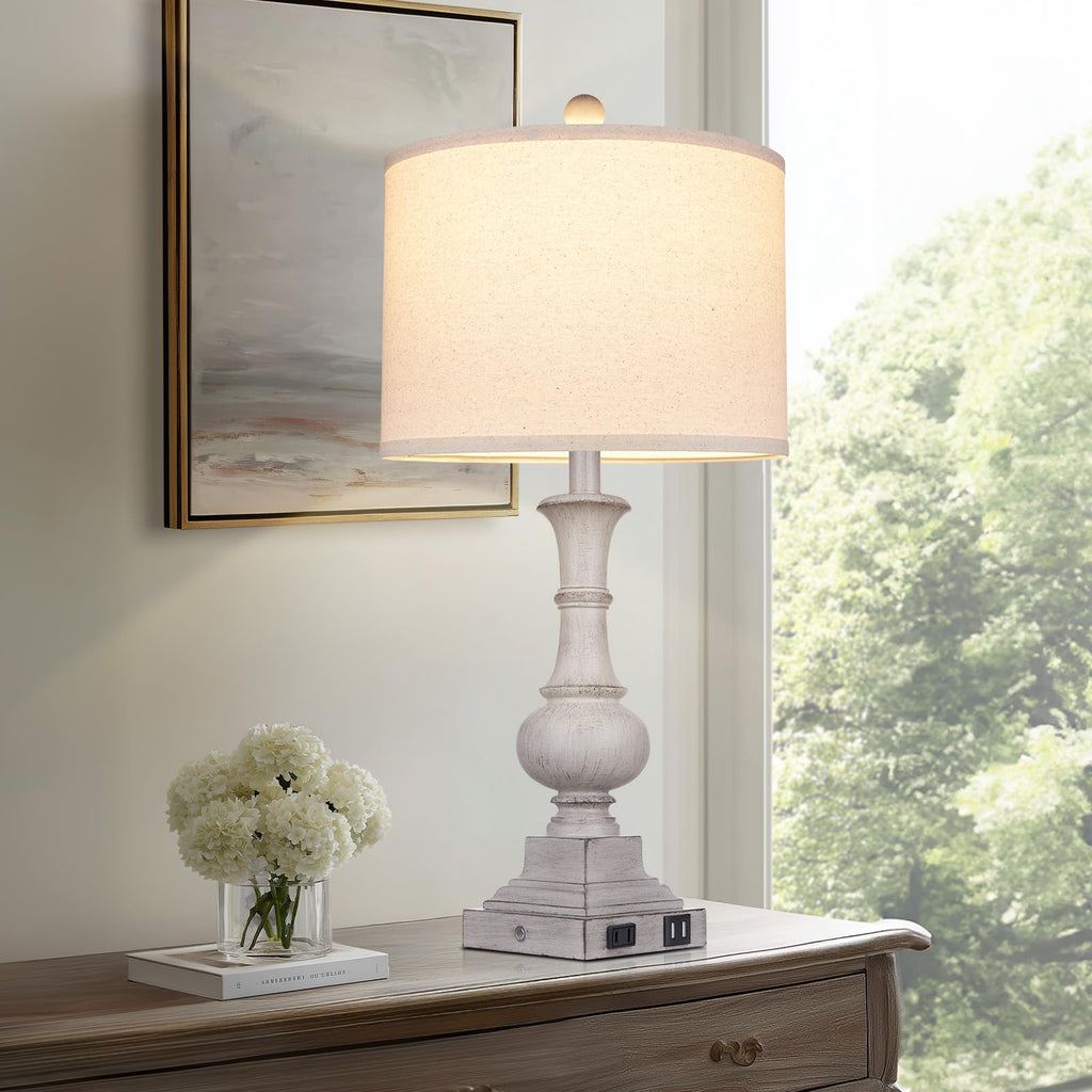 26" Farmhouse Table Lamps Set of 2, Rustic Touch Control Bedside Lamps with 2 USB Ports & AC Outlet, Vintage Resin
