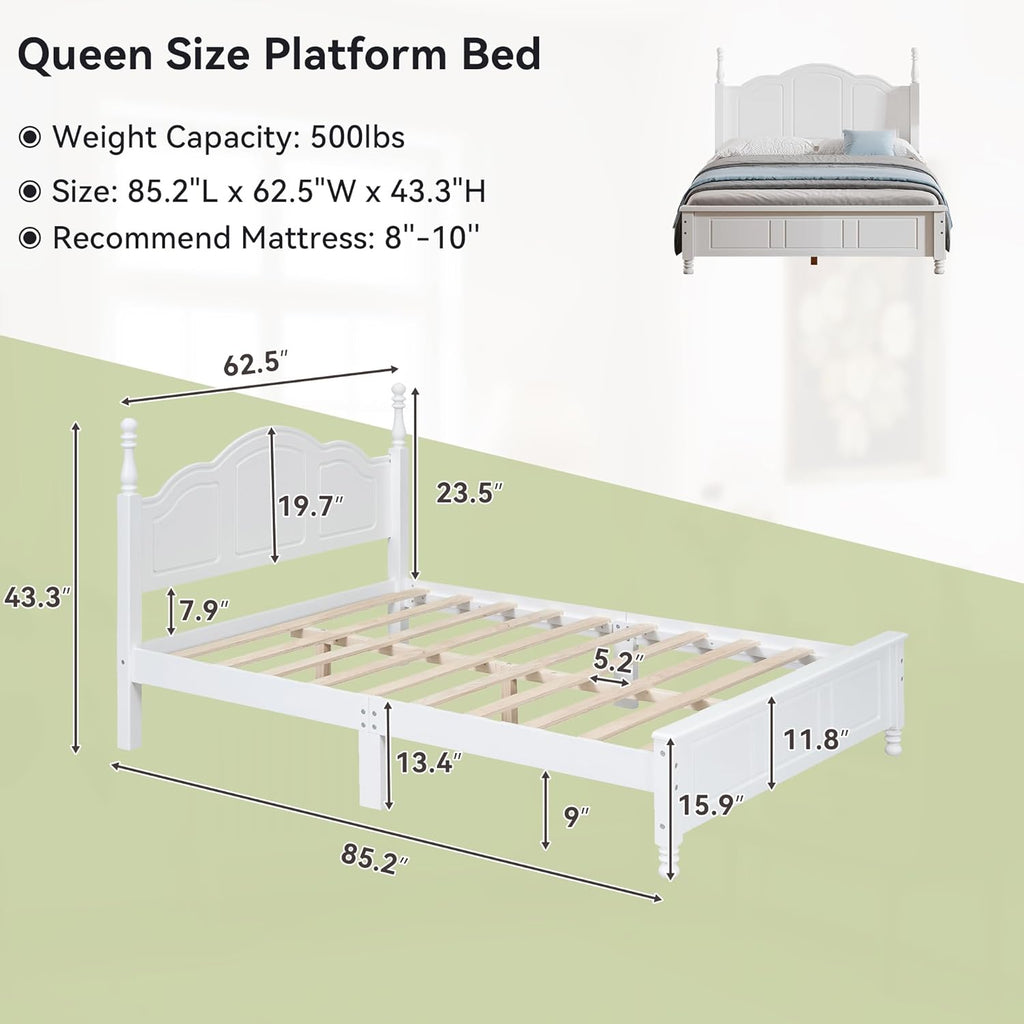 Vintage Queen Wood Bed Frame, Traditional Solid Wood Platform Bed with Retro Style Headboard, Traditional Town Style