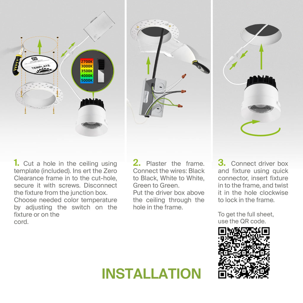 4 Inch Trimless LED Recessed Ceiling Light Fixture, Mud-in Canless Downlight with Junction Box, 5CCT 2700K-5000K, 15W