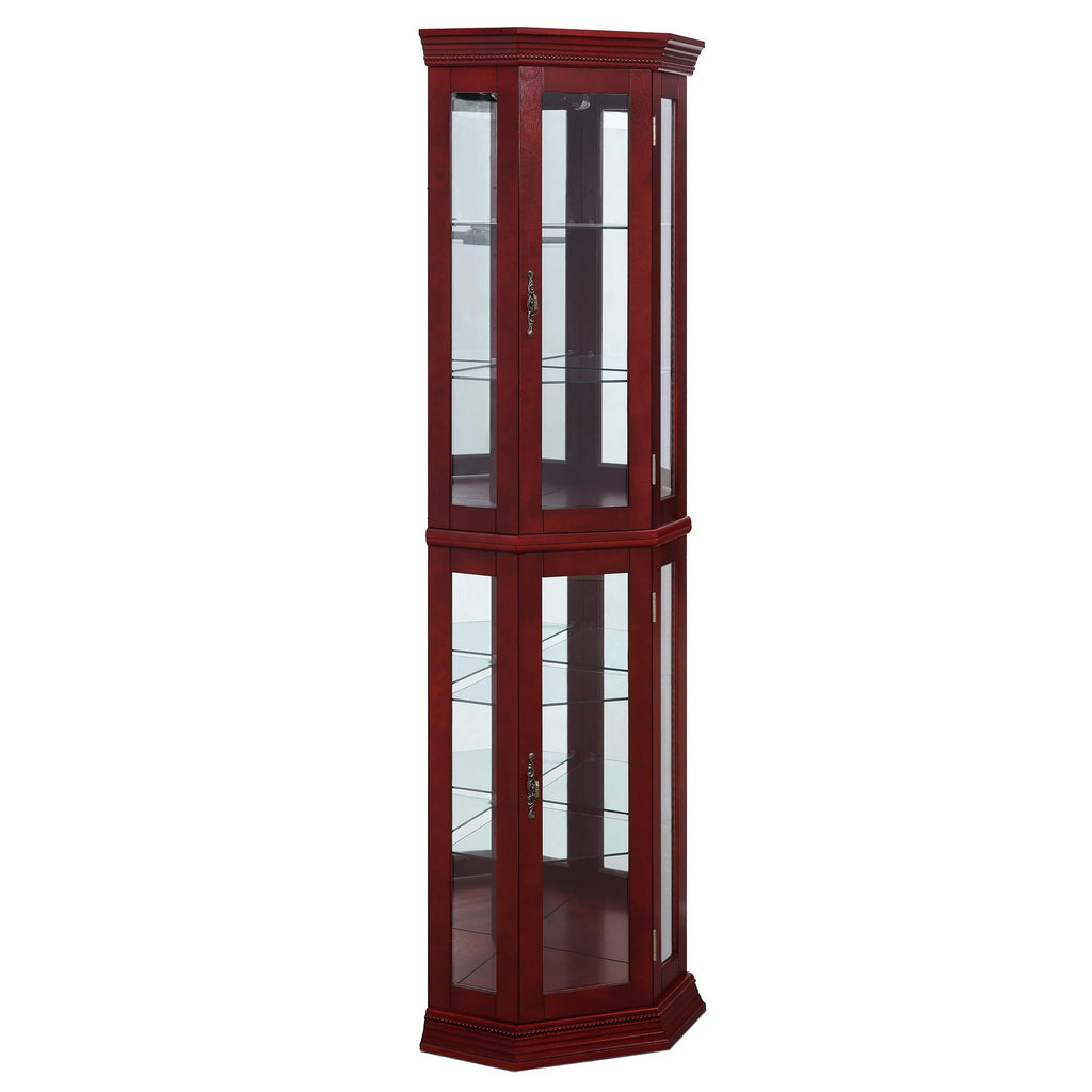 Lighted Wooden Corner Display Curio Cabinet, Two Section Shelving Unit with Tempered Glass Door, Bar and Liquor