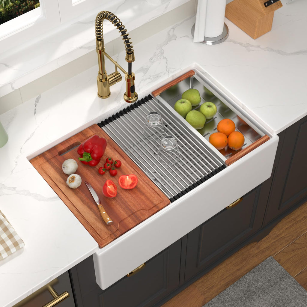 33 Inch White Farmhouse Kitchen Sink Workstation 33x20x10 Inch