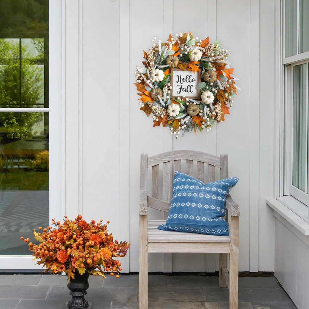 24 inch Thanksgiving Fall Wreath, Autumn Harvest Wreaths for Front Door