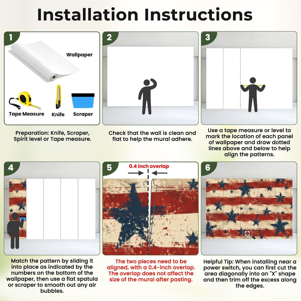 Wall Mural Peel and Stick Patriotic Stars Stripes Red White Blue Grunge Style Wallpaper Removable Self-Adhesive Large