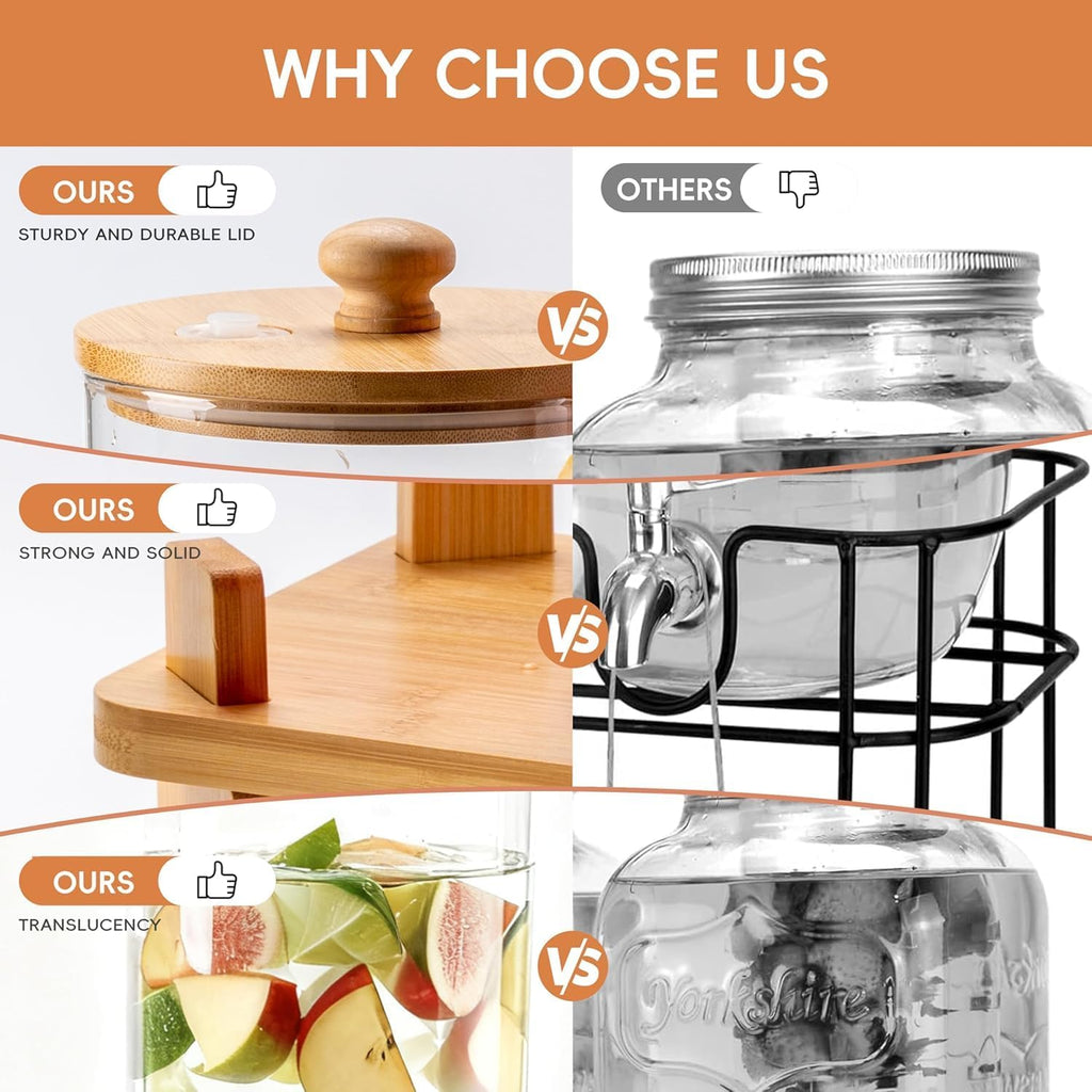 Gallon 2 Pack large Glass Drink dispenser for parties,Beverage Dispenser With Wood Stand,Water Dispensers - Set of 2