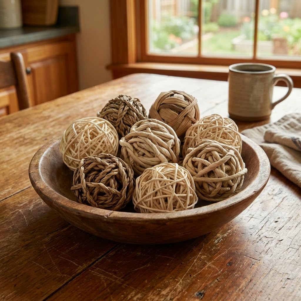 Rattan Balls for Bowl Filler Decor, Natural Handmade Wicker Decorative Orbs (2.8"-4.7") for Vase, Centerpiece - Set of 10