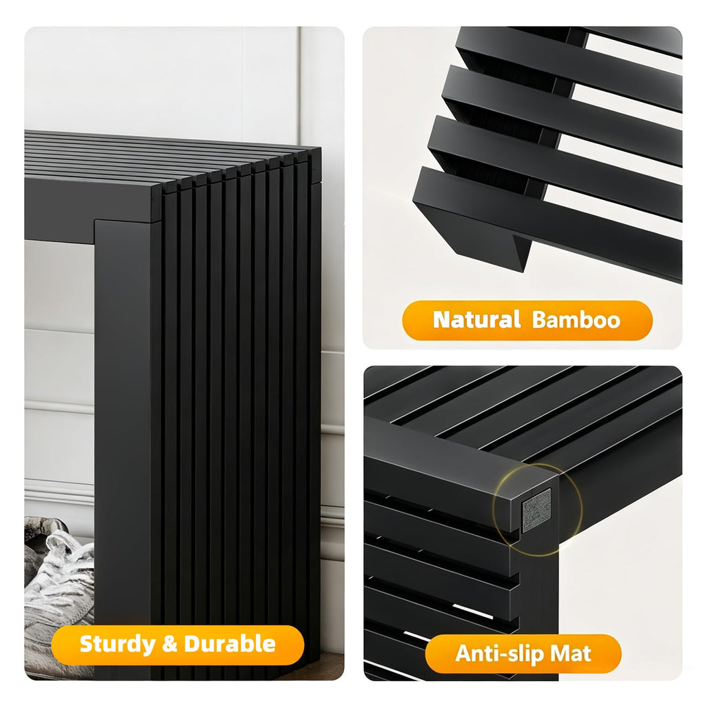 Bamboo Dining Bench, 18'' Slatted Design Entryway Bench, Black