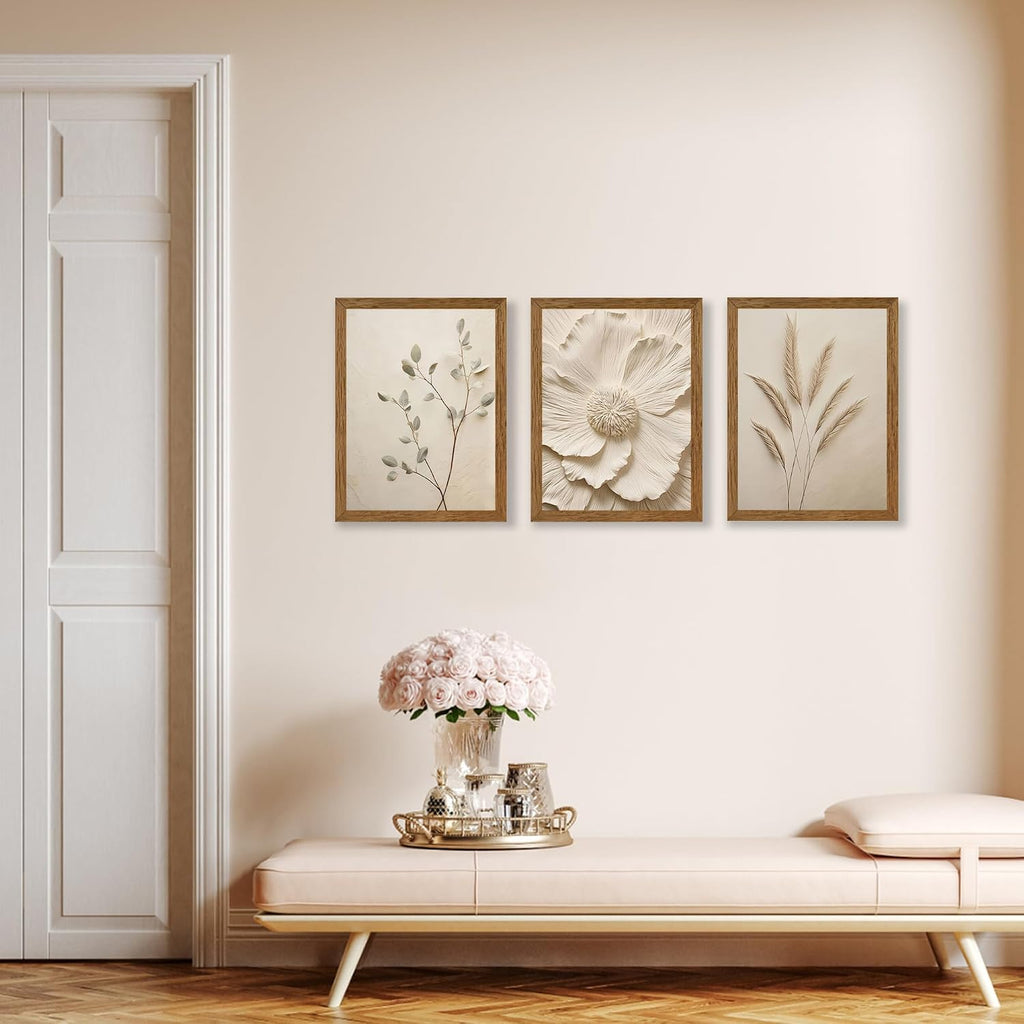 3 Piece Framed Neutral Beige Floral Canvas Wall Art, Modern Simple Texture Blossom Wall Decor, Vintage Botanical