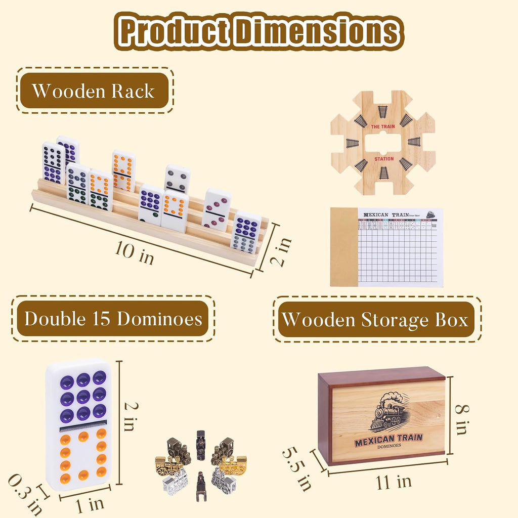 Double 15 Mexican Train Dominoes Set for Adults with 8 Wooden Trays, 8 Train Markers with Velvet Pouch, 136 Color Dot