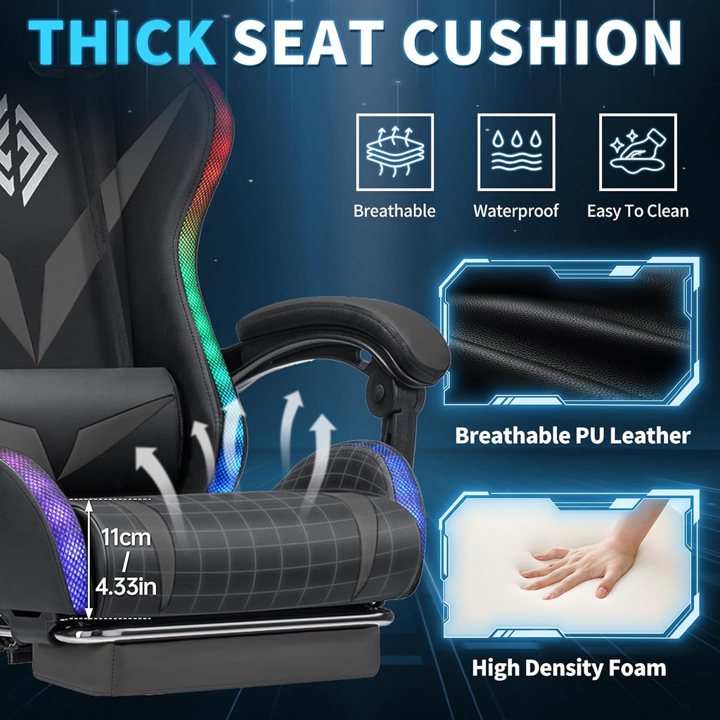 Gaming Chair with Bluetooth Speakers RGB LED Lights Computer Chair-Grey | Ergonomic Massage Game Chair with Footrest