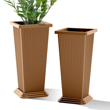 Set of 2 Tall Planters for Outdoor Plants, Brown Ribbed