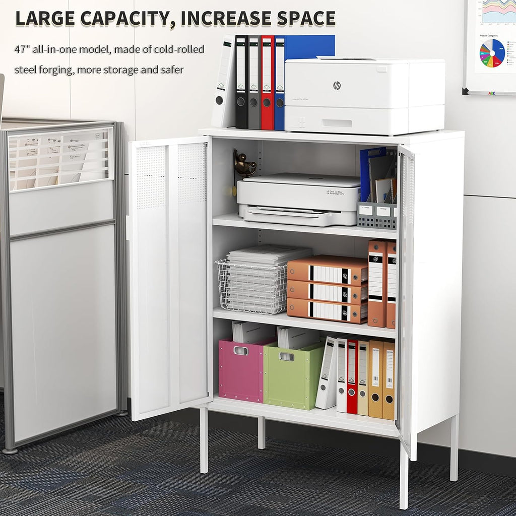 White Metal Storage Cabinet with 2 Doors - 47''H Locker Cabinet, 3 Tier Locker Door with Adjustable Shelves,Metal