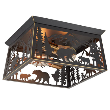 Farmhouse Flush Mount Ceiling Light Fixture, 2-Light Bear Rustic Light Fixtures for Log Cab, Outdoor Porch, and