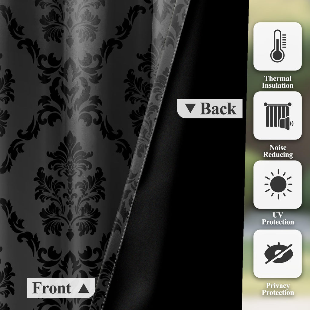 Black Print Blackout Curtains 84 inch Long - Ombre Damask Gothic Window Drapes Thermal Insulted Curtains Living Room