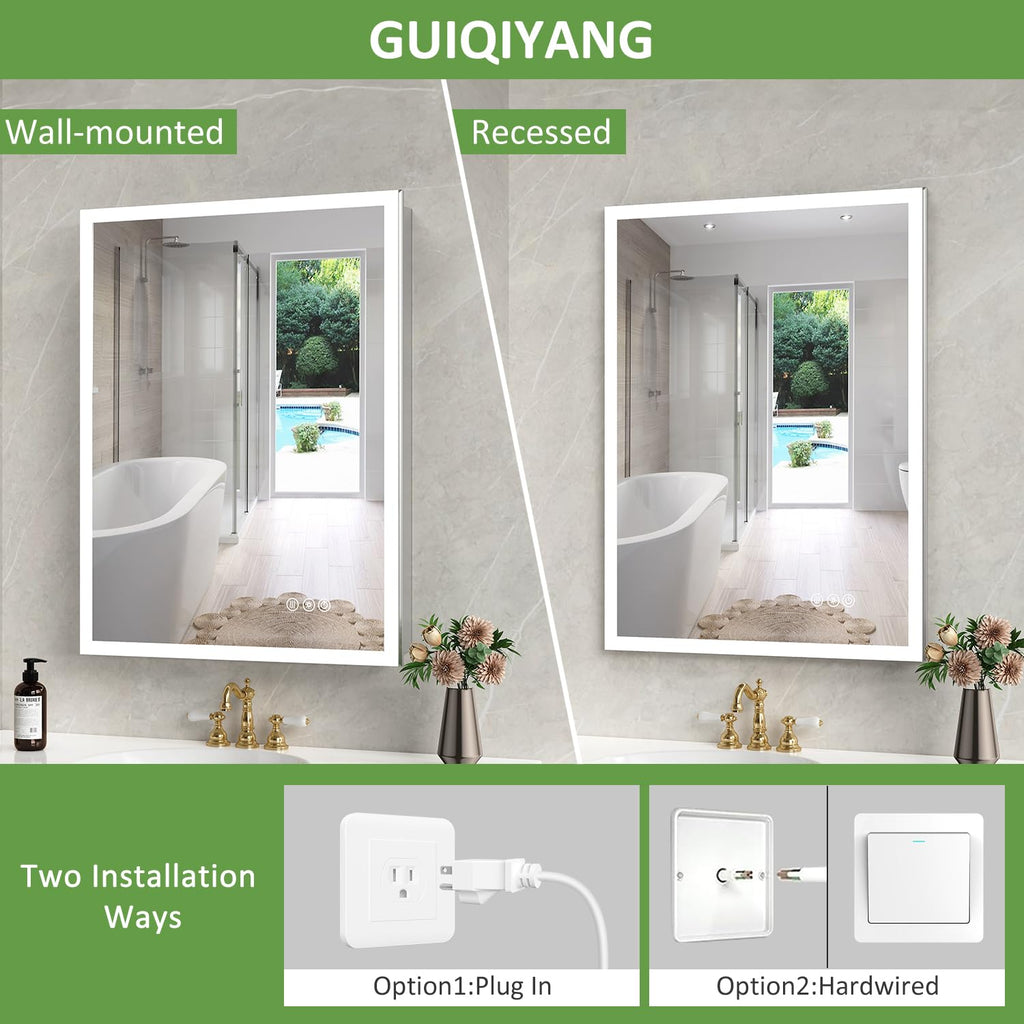 Medicine Cabinet with Lights, Bathroom LED Mirror Cabinet with Storage, Anti-Fog & 3 Color Lights, Recessed or Wall