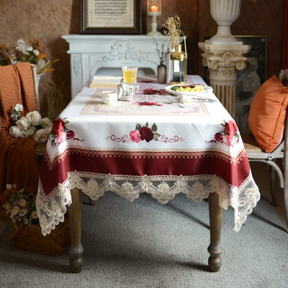 Table Cloth Rectangular 60x84 Inch Burgundy Retro Rose Luxury Lace