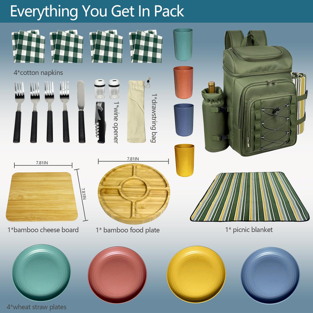 Picnic Basket Backpack for 4 Person with Blanket, Insulated Leakproof Cooler Compartment, Wine Holder, Cutlery Set