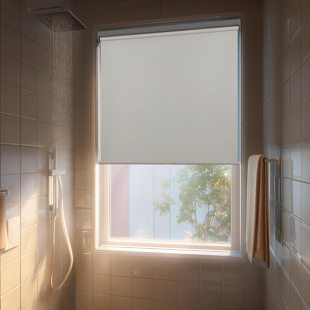 No Drill Cordless Blackout Roller Shades Screwless Waterproof Shower Window Blinds, Auto-Retraction Easy Install