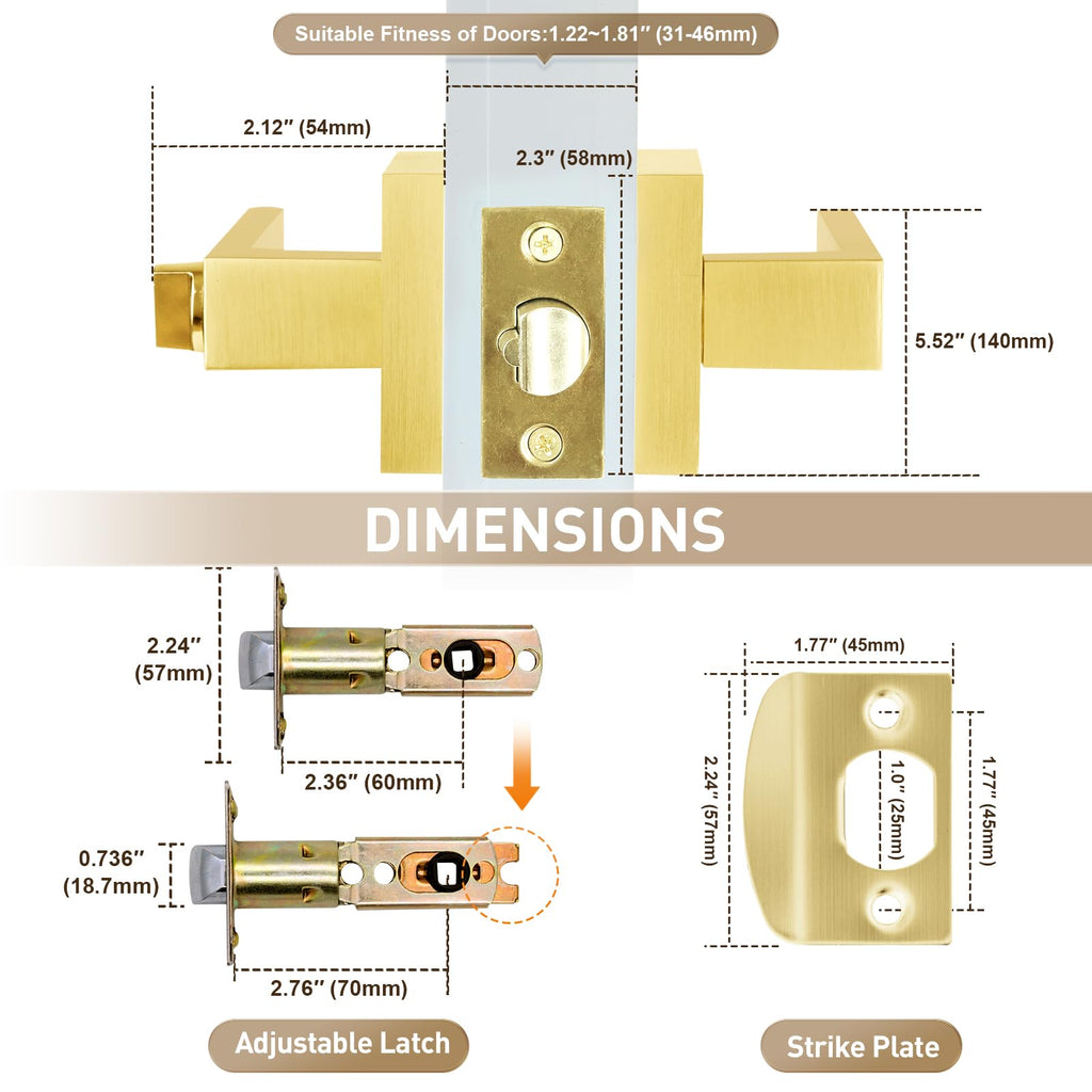 Golden Polished Brass Door Lever with Lock and Keyed