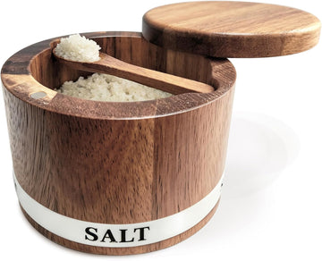 Salt Cellar, Acacia Wood Salt Containers with Lid for Countertop