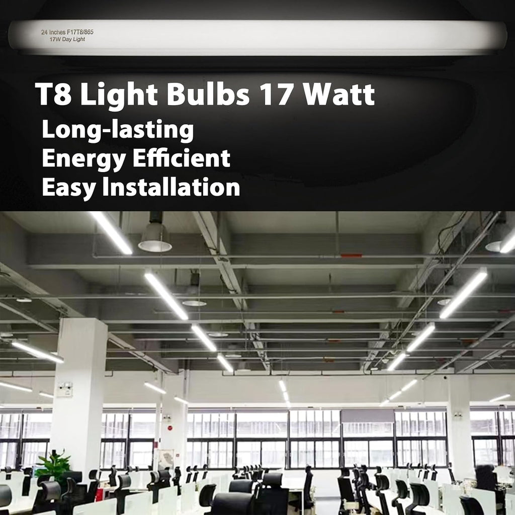 24 Inch F17T8/865 Fluorescent Bulb Daylight 6500K, 17 Watt T8 Light Bulb, 2 Foot Fluorescent Light Bulb, 1460 lumens
