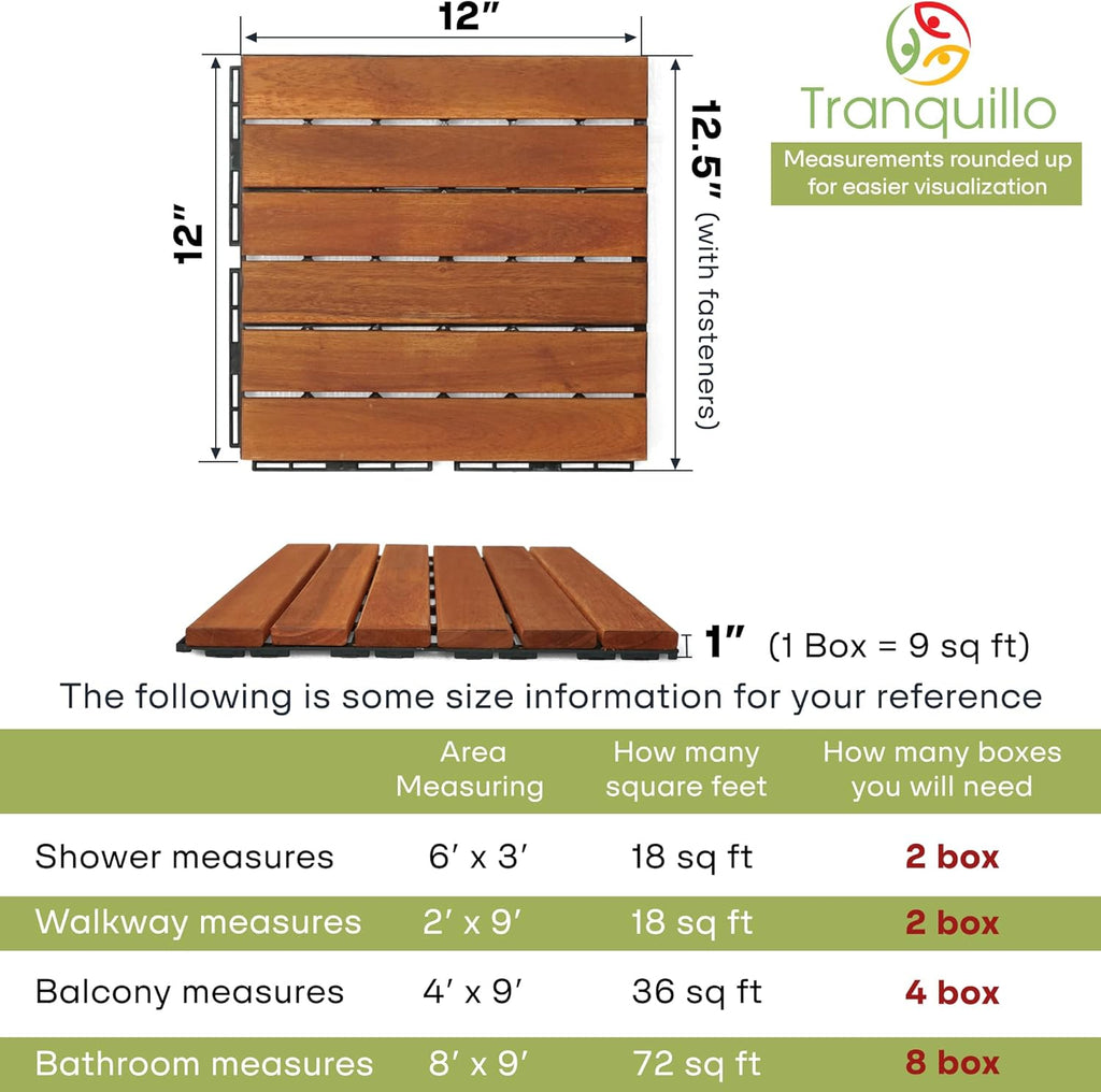 Interlocking Deck Tiles 12”x12”, Acacia Wood Patio Tiles, Waterproof Flooring Tiles for Indoor and Outdoor - Non-Slip