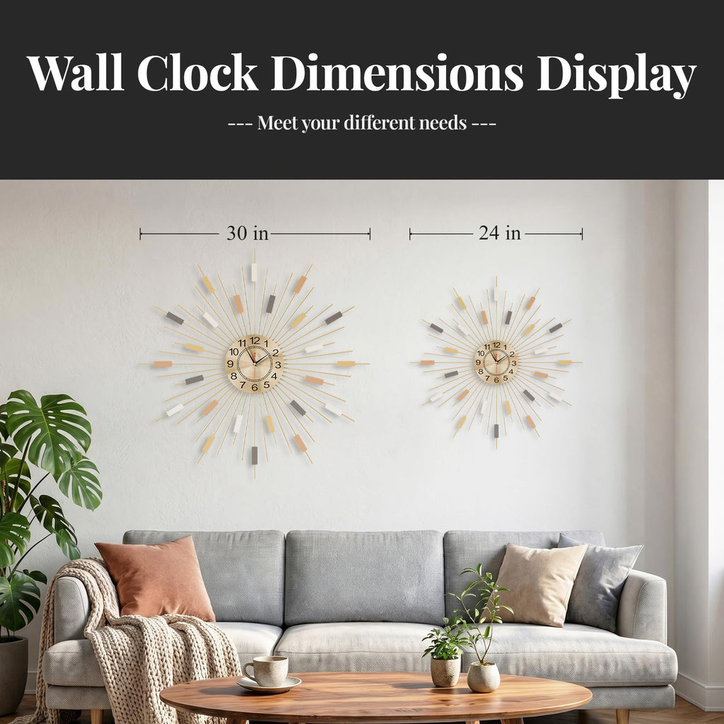 30 Inch Large Gold Wall Clock Mid Century Sunburst Decorative Clock
