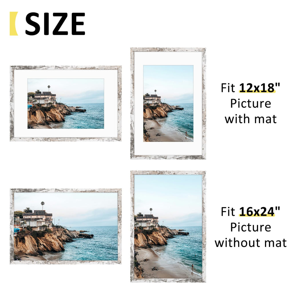 16x24 Frame with Mat for 12x18, Real Distressed White